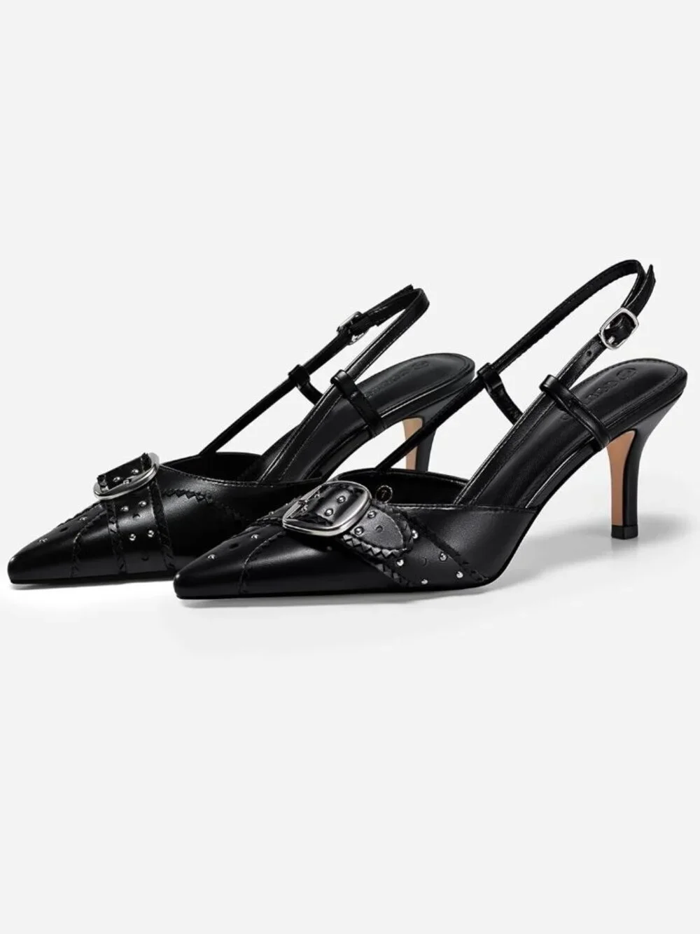 Coutgo Women's Black Close Pointed Toe Slingback Buckle Ankle Strap Heels Shoes - Picture 5 of 6